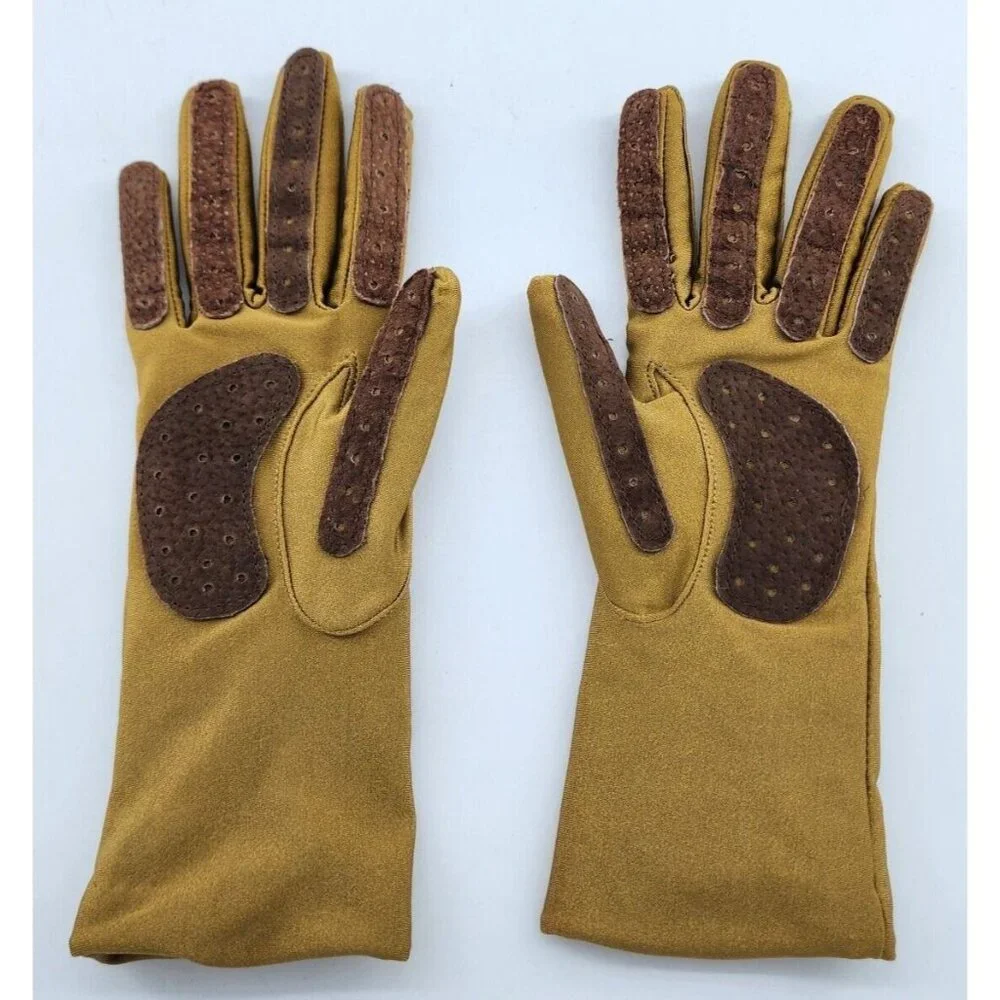 Vintage Bloomingdales Women's Tan Gloves Pigsuede Trim‎ OSFA Nylon Spandex Blend